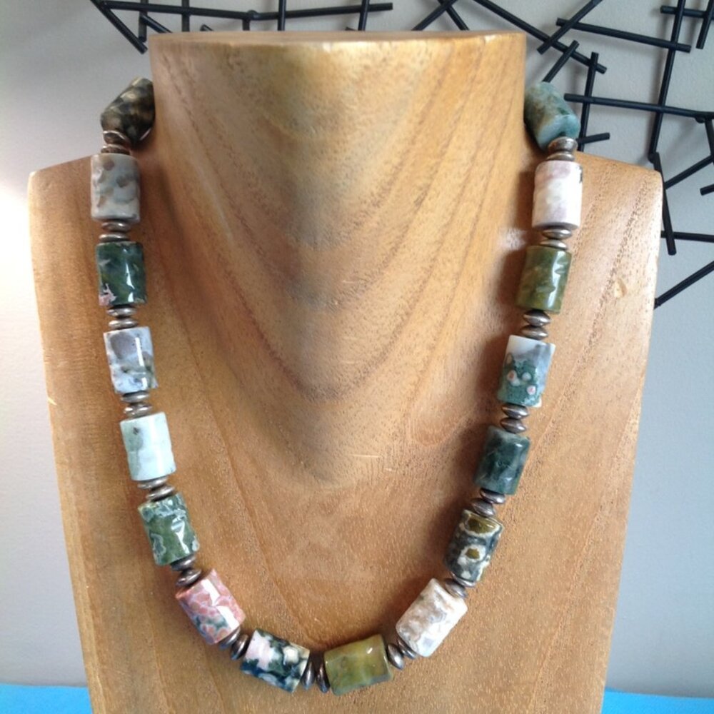 NATURAL RAINFOREST JASPER RHYOLITE GEMSTONE CYLINDER BEADED NECKLACE STERLING